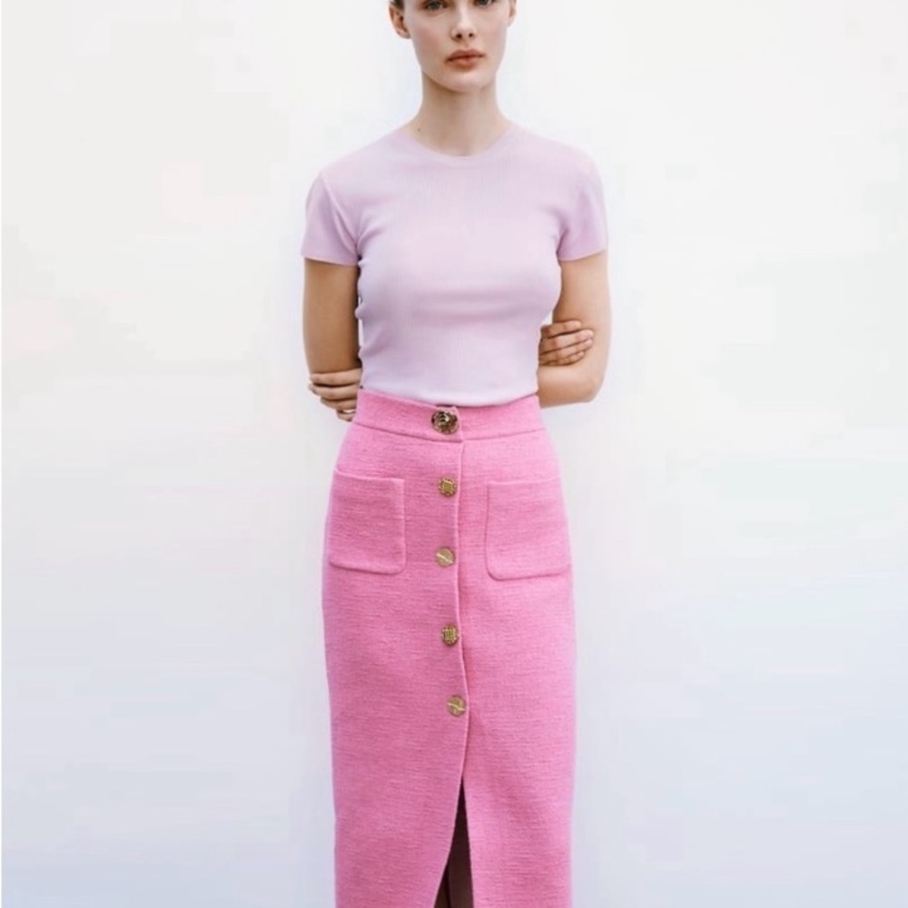 Zara Pink Buttoned Textured Skirt M Medium